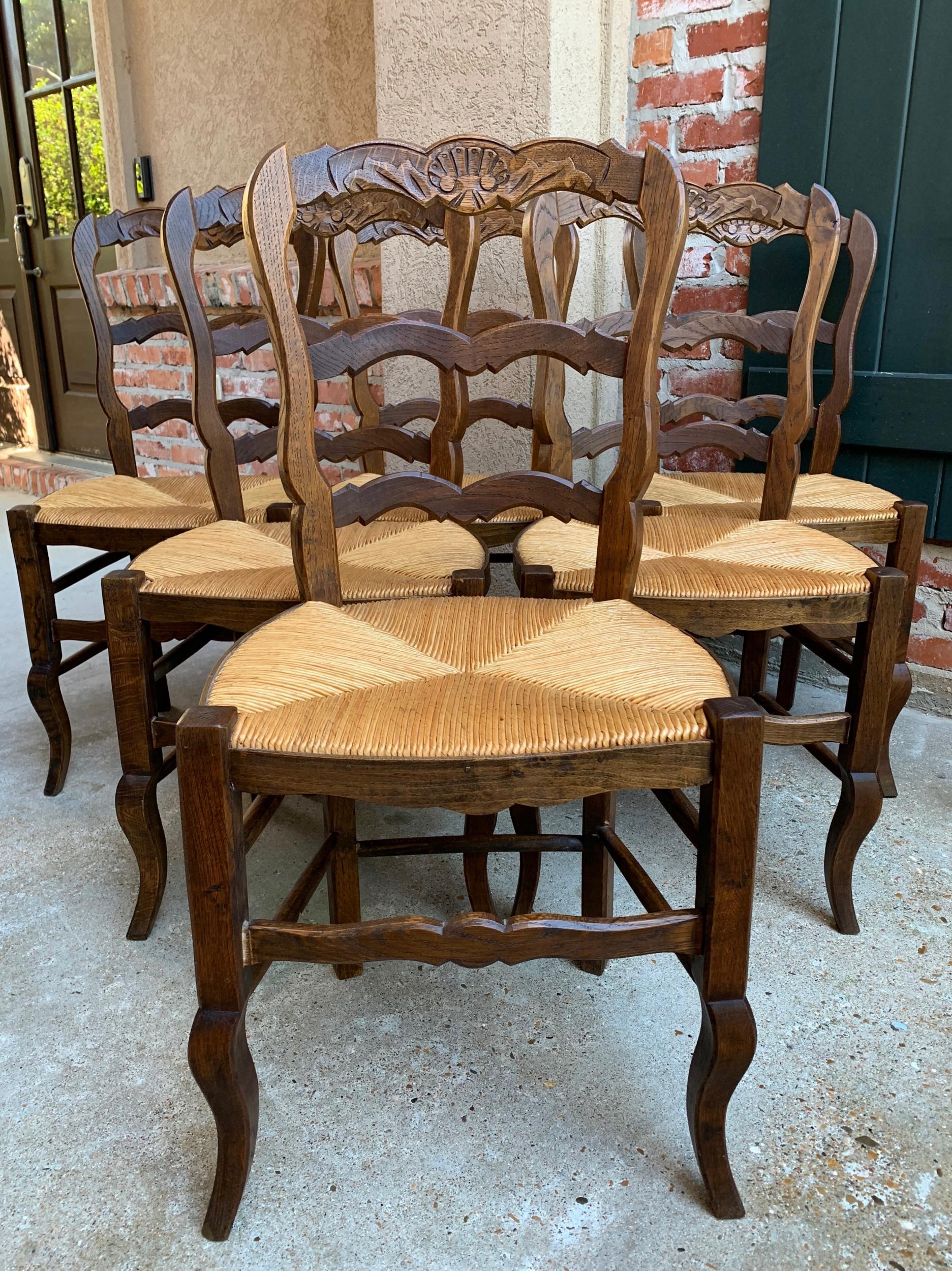 Set of 6 Antique French Carved Dark Oak Ladder Back Dining Chair Rush Seat 11