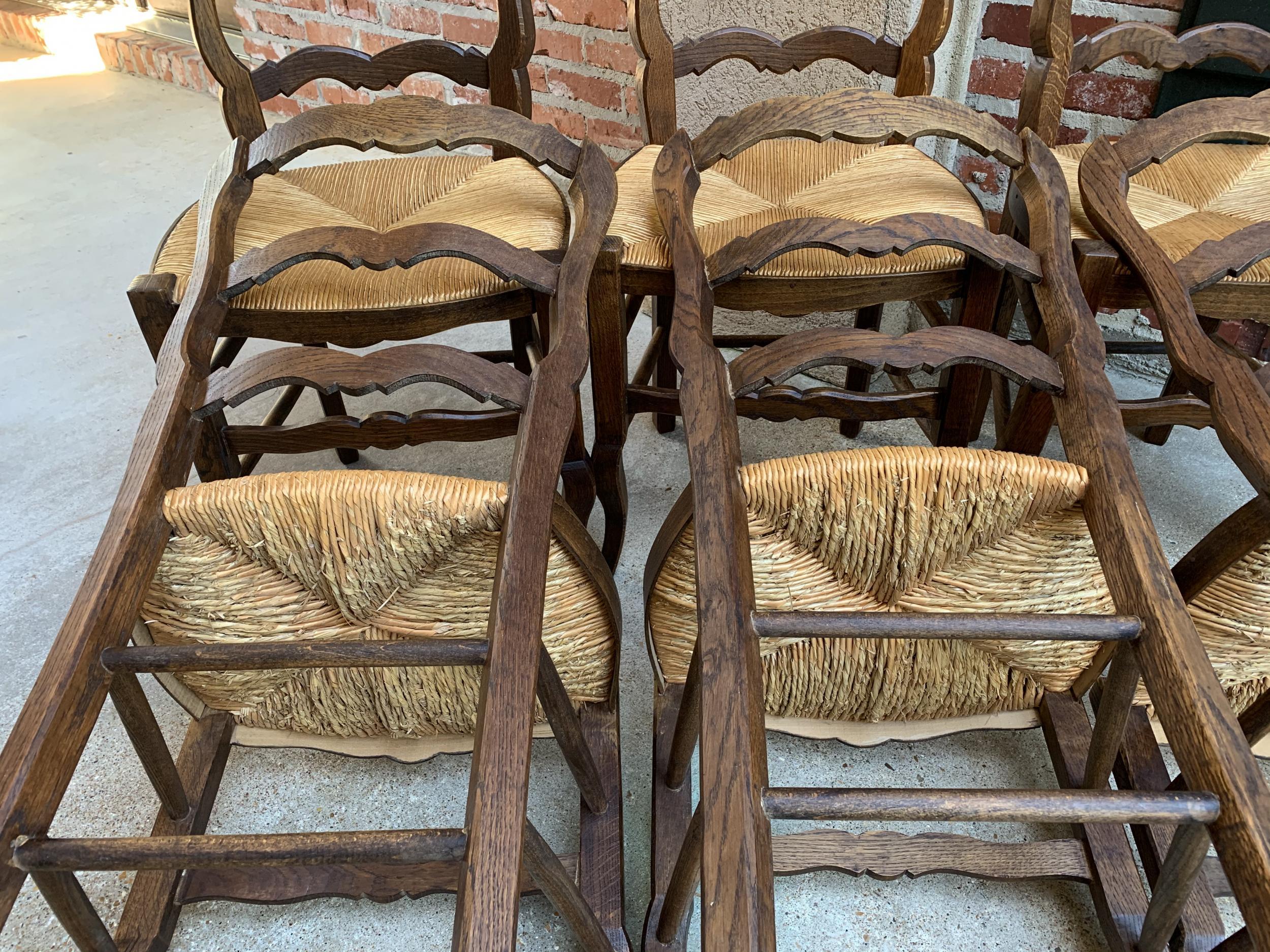 Set of 6 Antique French Carved Dark Oak Ladder Back Dining Chair Rush Seat 14