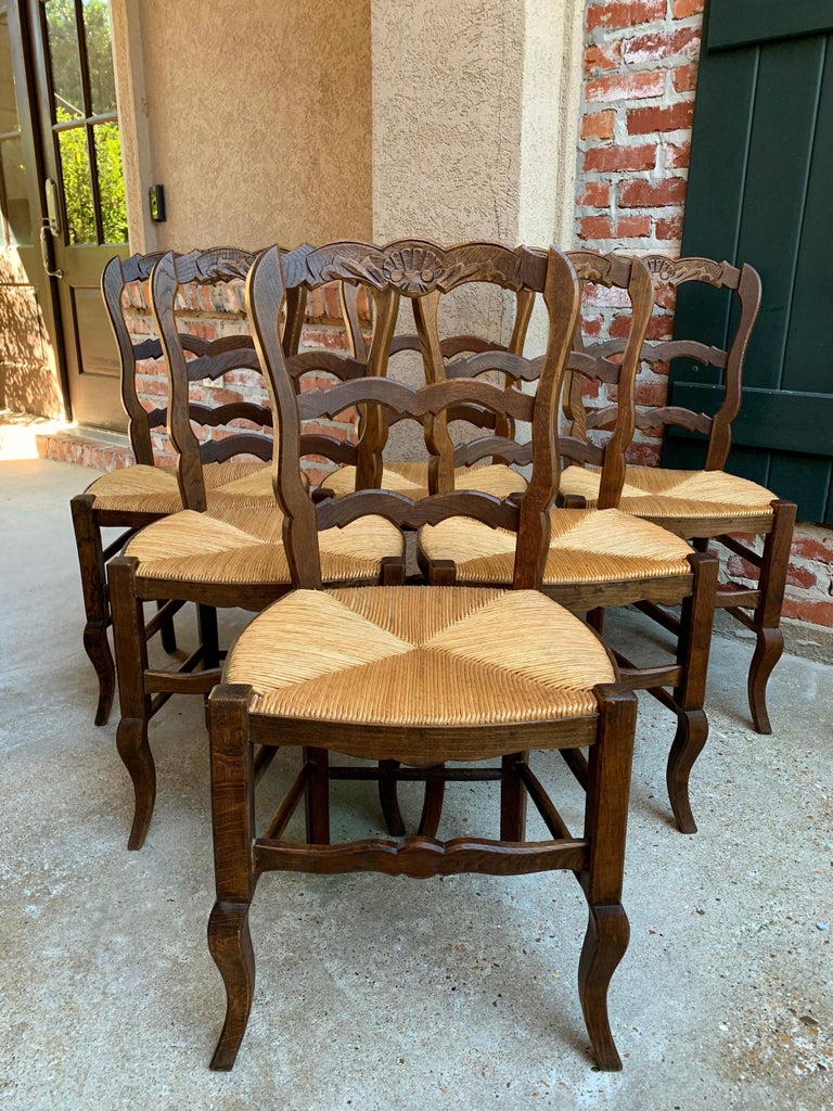Set of 6 Antique French Carved Dark Oak Ladder Back Dining Chair Rush