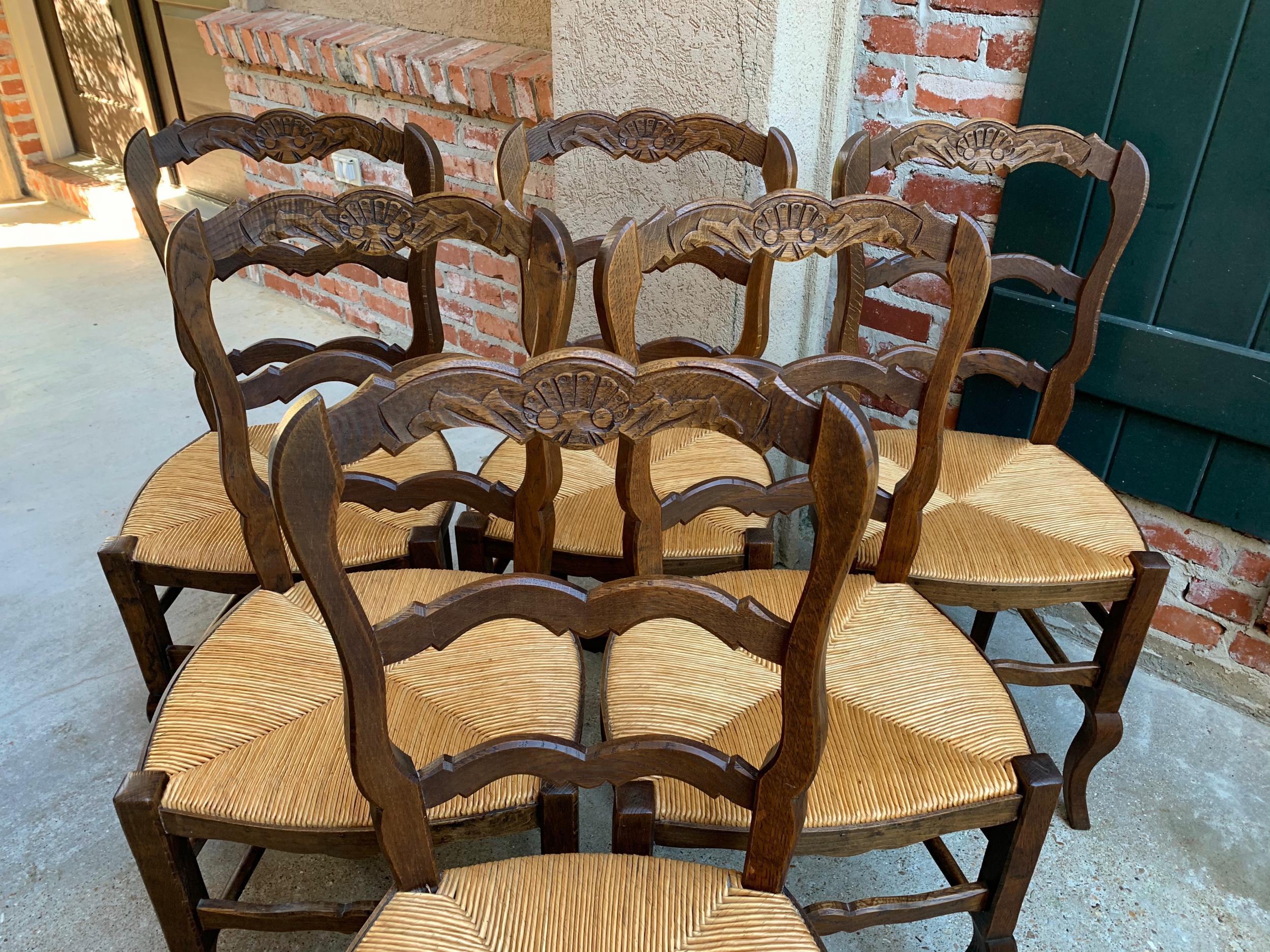 20th Century Set of 6 Antique French Carved Dark Oak Ladder Back Dining Chair Rush Seat