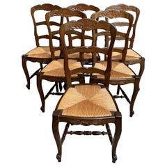 Set of 6 Antique French Country Carved Oak Ladder Back Dining Chair Rush Seat