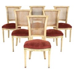 Ensemble de 6 chaises de salle à manger anciennes de style Directoire français peintes à dossier canné