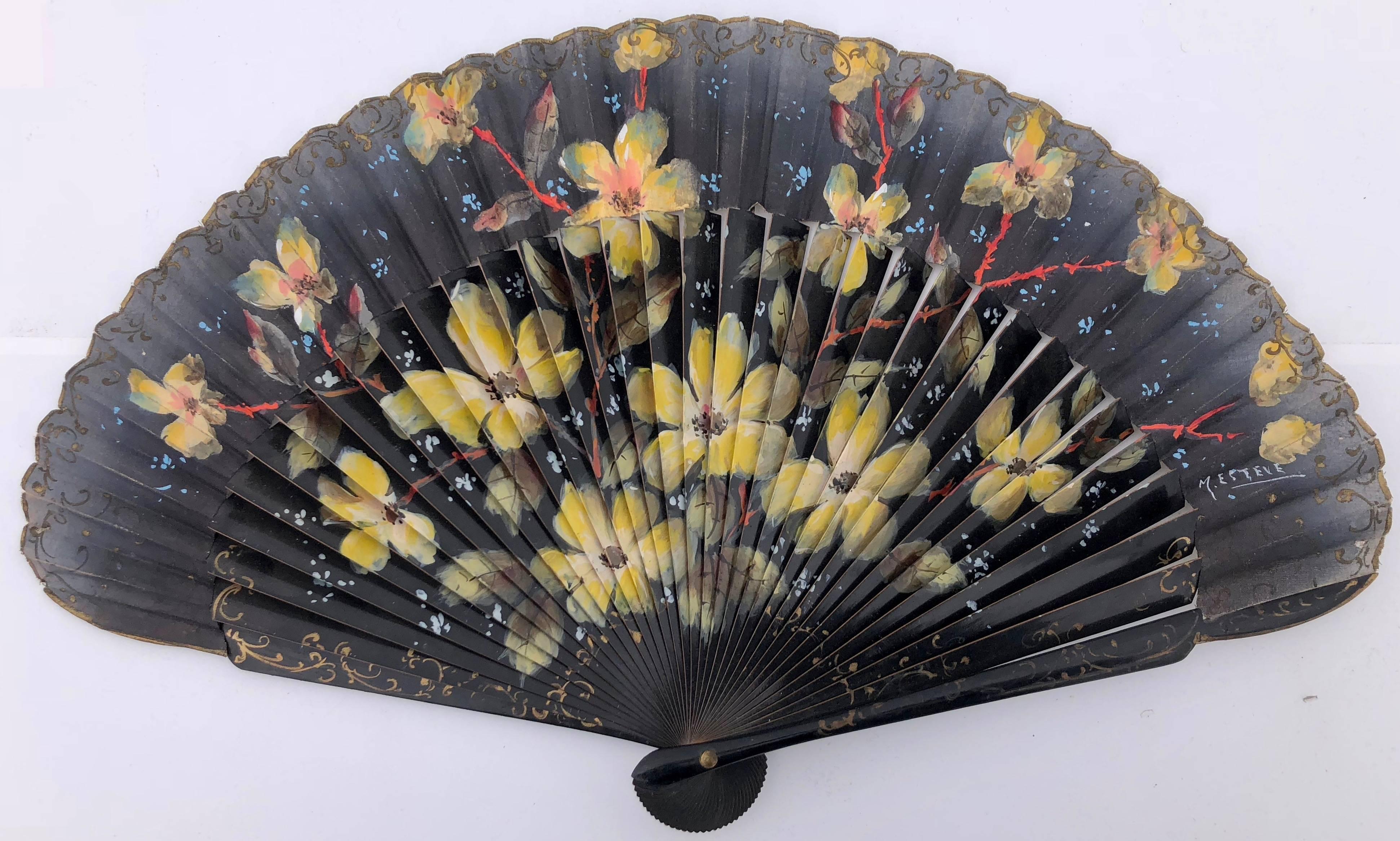 Napoleon III Set of 6 Antique French Fans Hand Painted on Lace & Wood, Boxes, 1800s-1900s For Sale