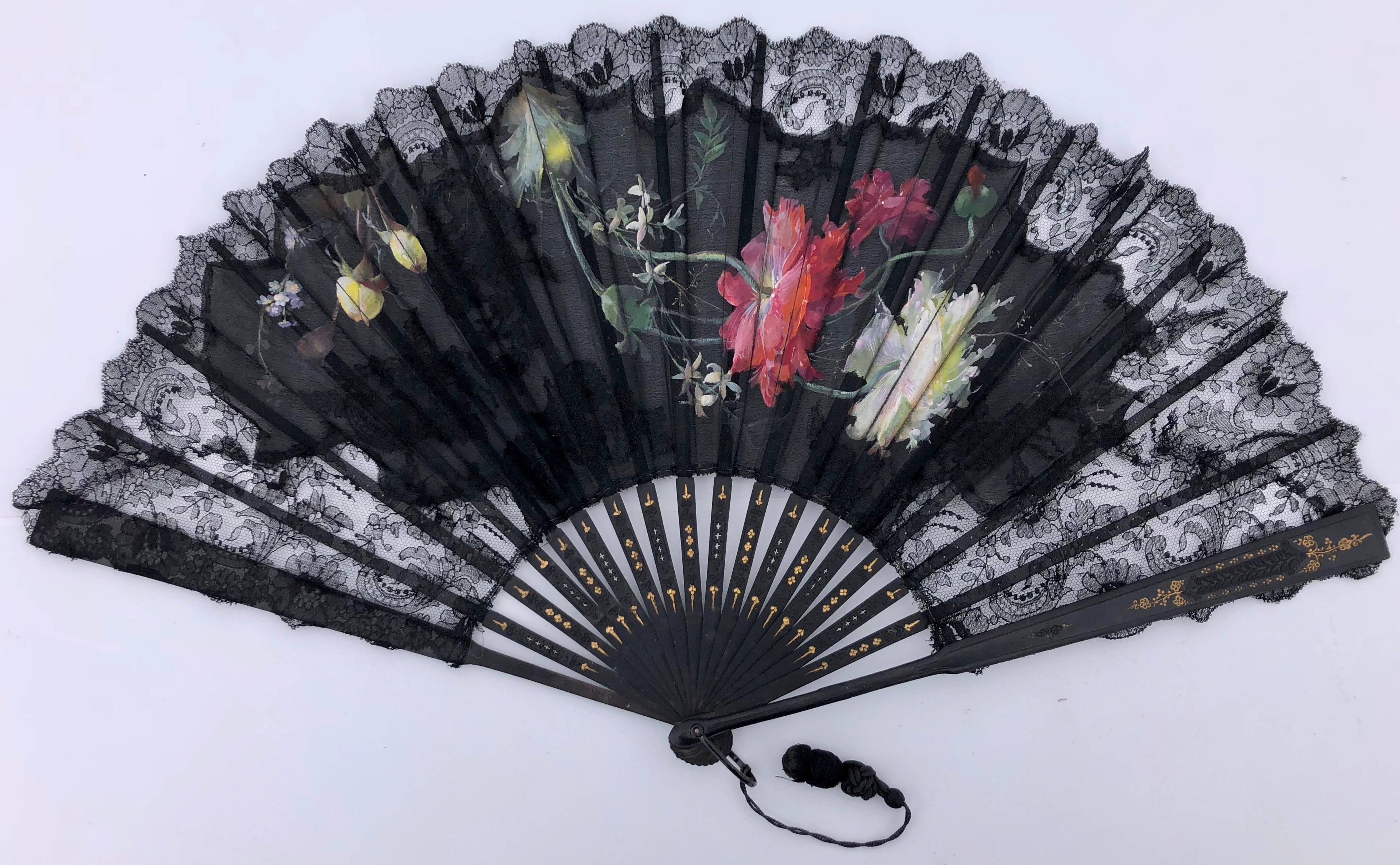 Set of 6 Antique French Fans Hand Painted on Lace & Wood, Boxes, 1800s-1900s In Good Condition For Sale In Petaluma, CA