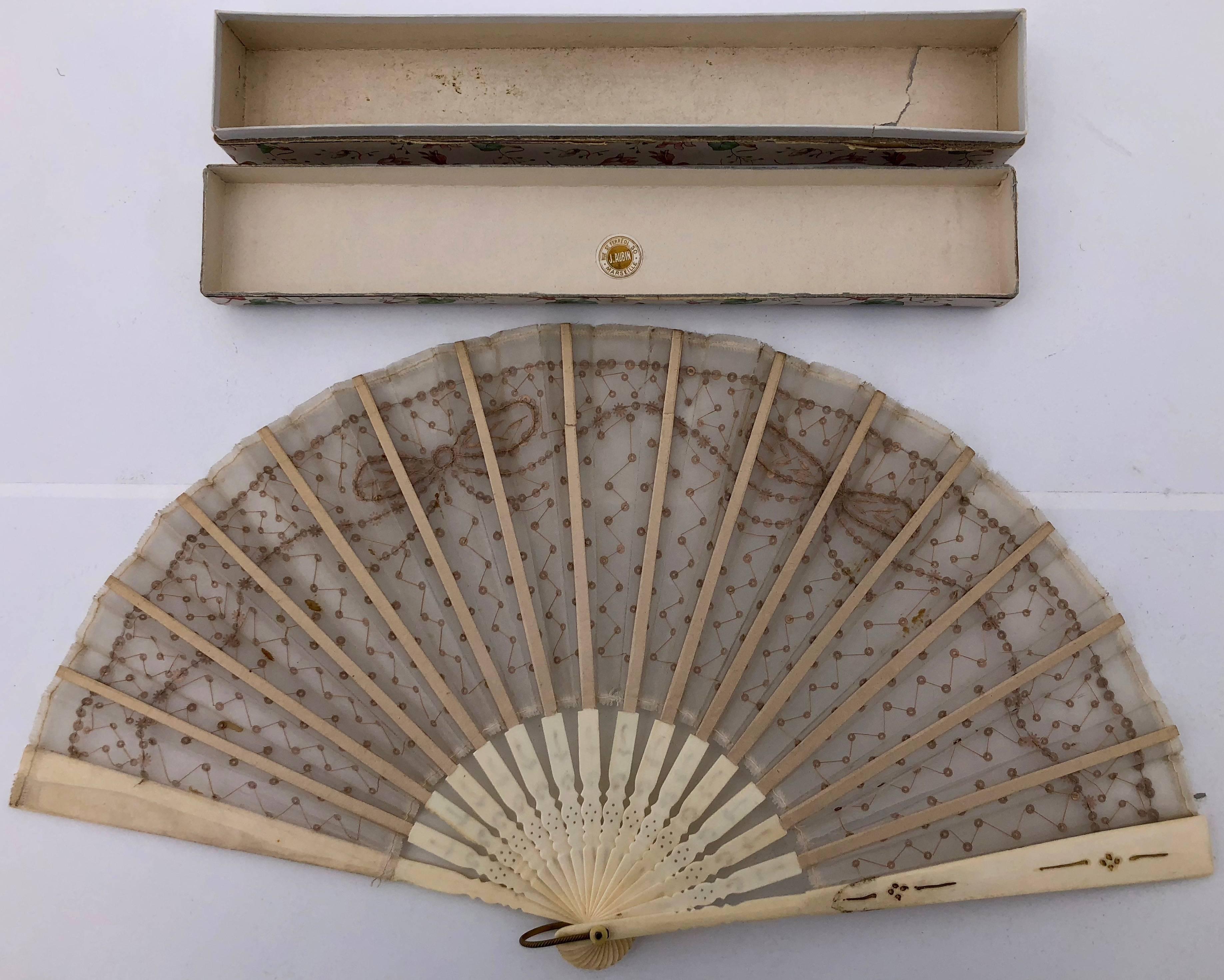 Silk Set of 6 Antique French Fans Hand Painted on Lace & Wood, Boxes, 1800s-1900s For Sale