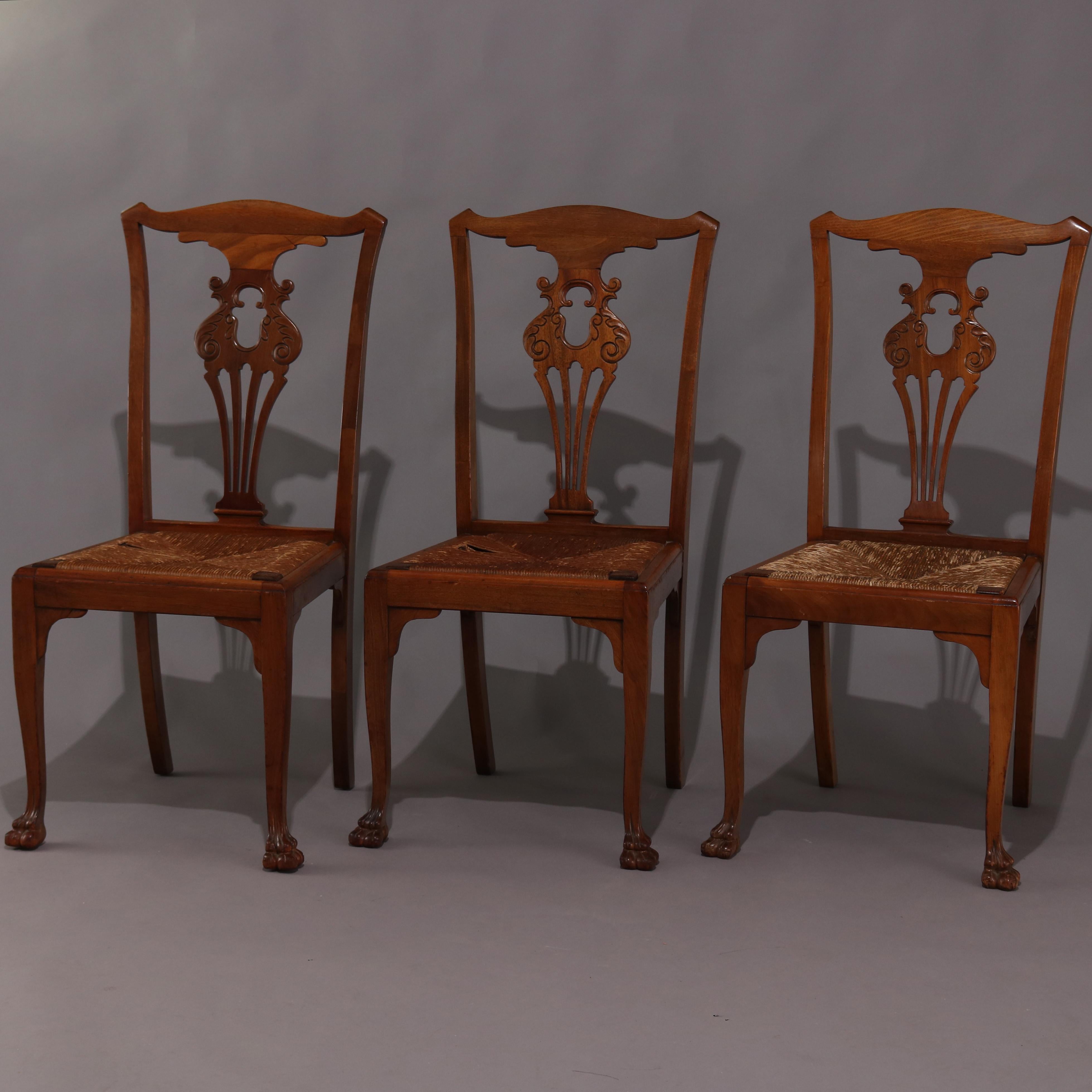 Set of 6 Antique French Louis XIV Carved Mahogany Rush Seat Dining Chairs In Good Condition In Big Flats, NY