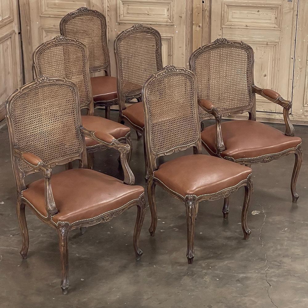 Hand-Carved Set of 6 Antique French Louis XV Fruitwood Dining Chairs includes 2 Armchairs For Sale