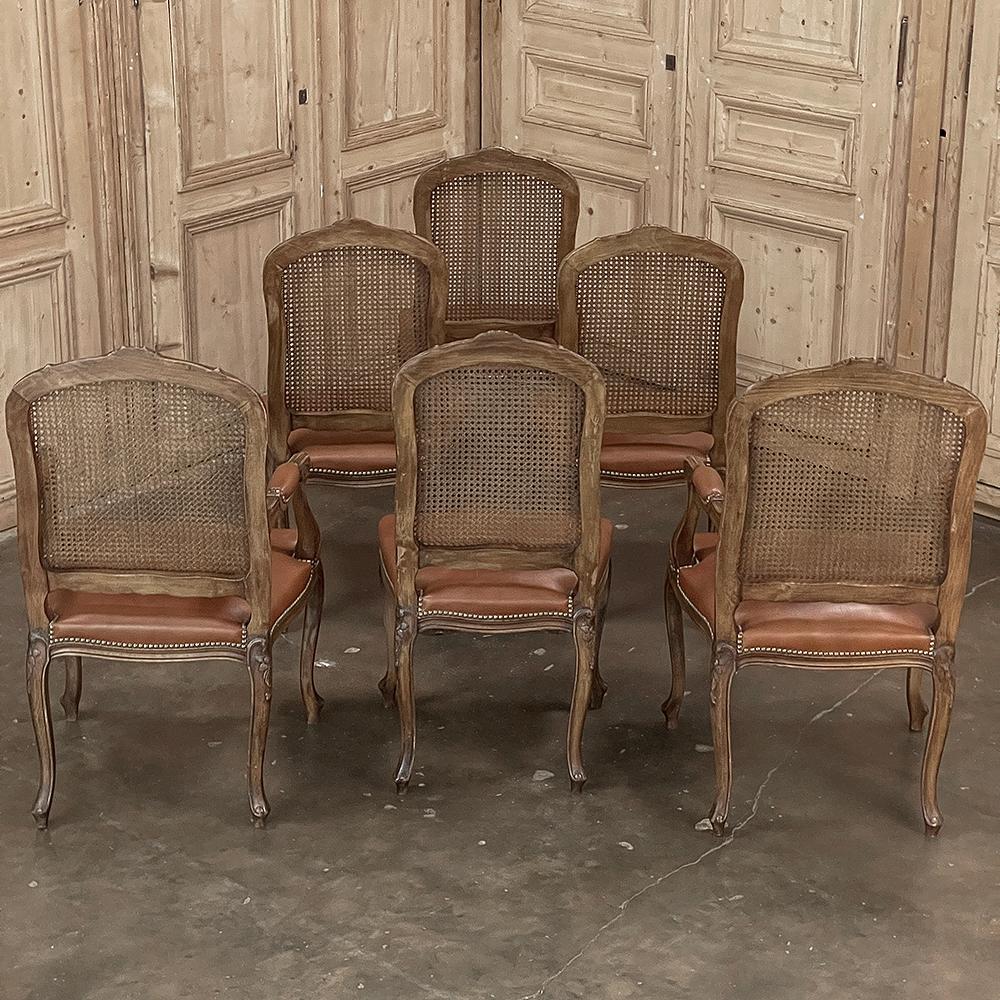 Set of 6 Antique French Louis XV Fruitwood Dining Chairs includes 2 Armchairs In Good Condition For Sale In Dallas, TX