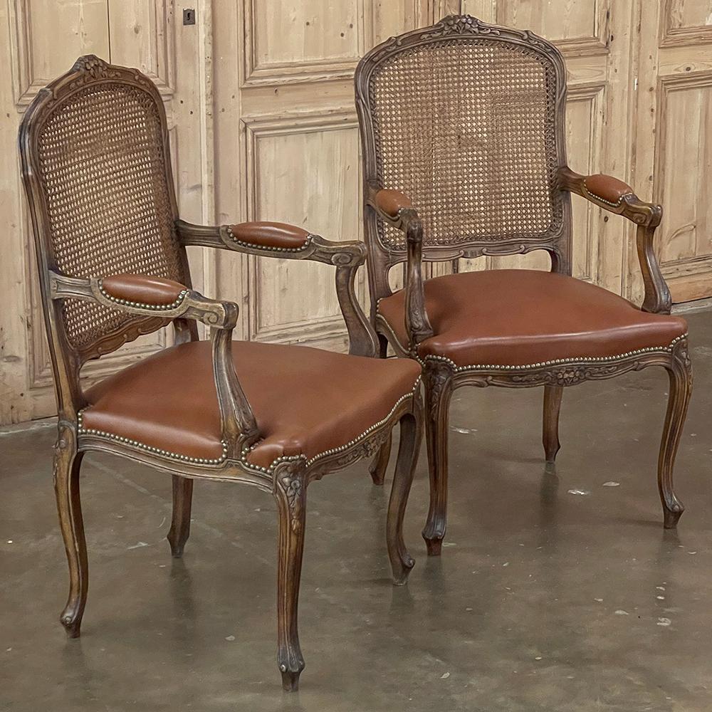 Faux Leather Set of 6 Antique French Louis XV Fruitwood Dining Chairs includes 2 Armchairs For Sale