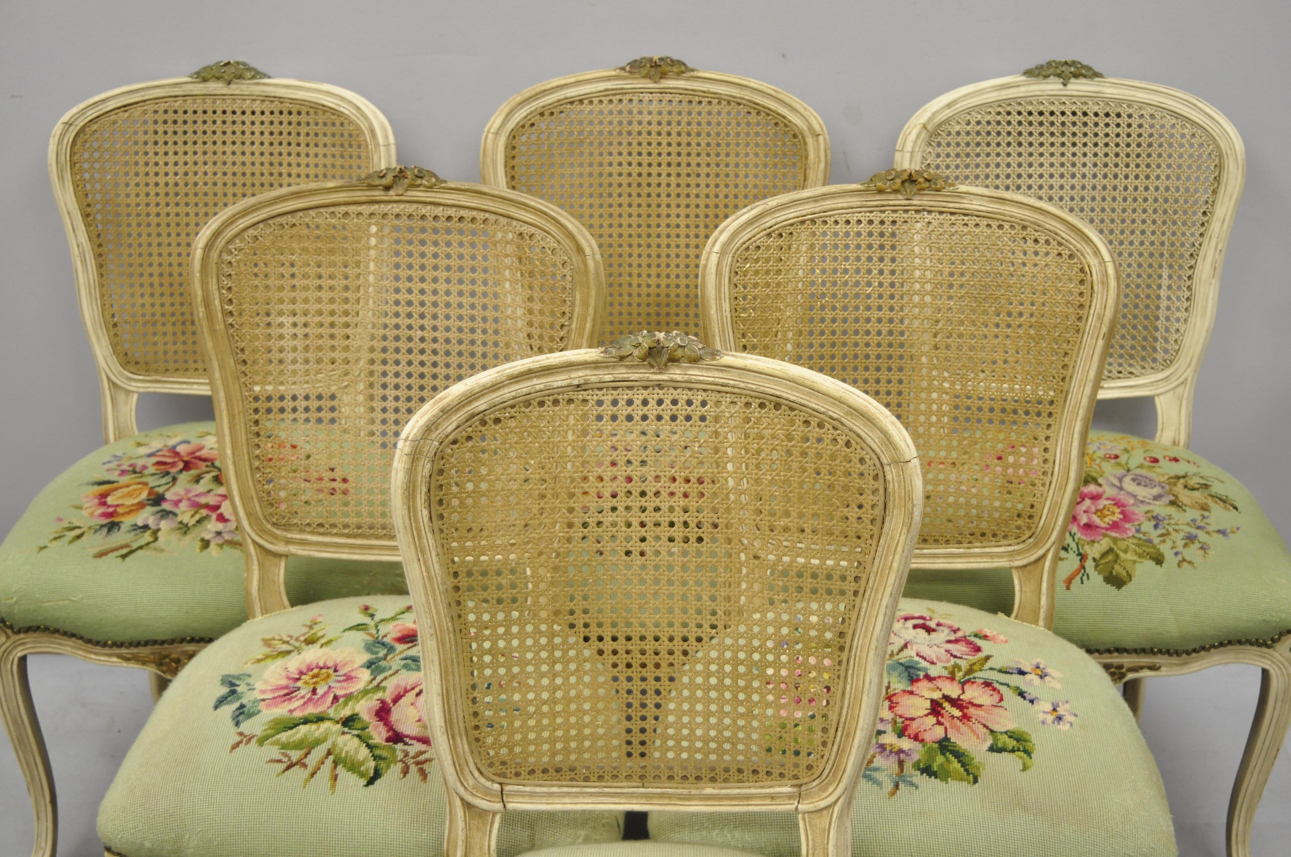 Needlepoint Set of 6 Antique French Louis XV Style Victorian Cane Back Dining Side Chairs