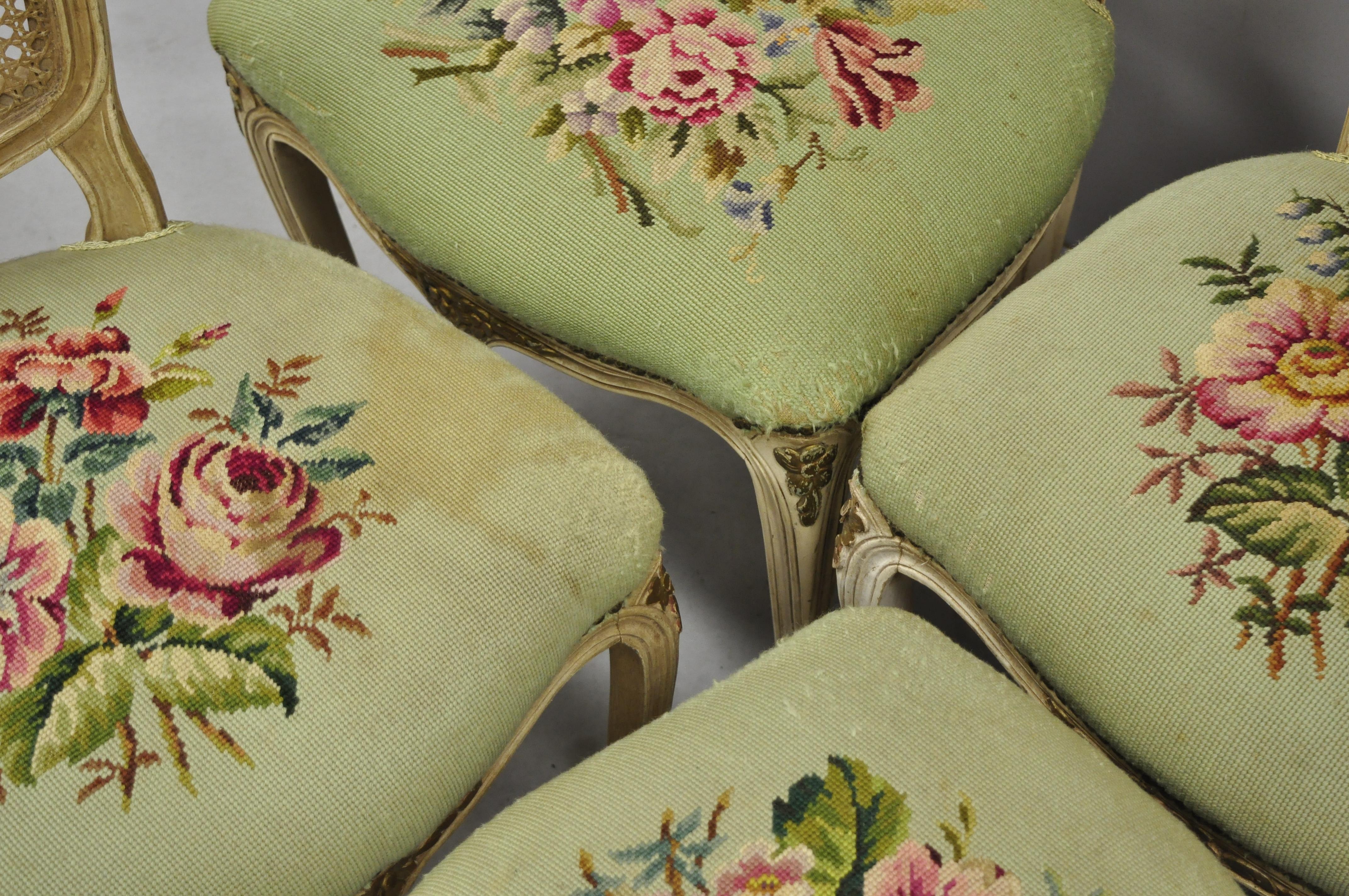 Fabric Set of 6 Antique French Louis XV Style Victorian Cane Back Dining Side Chairs