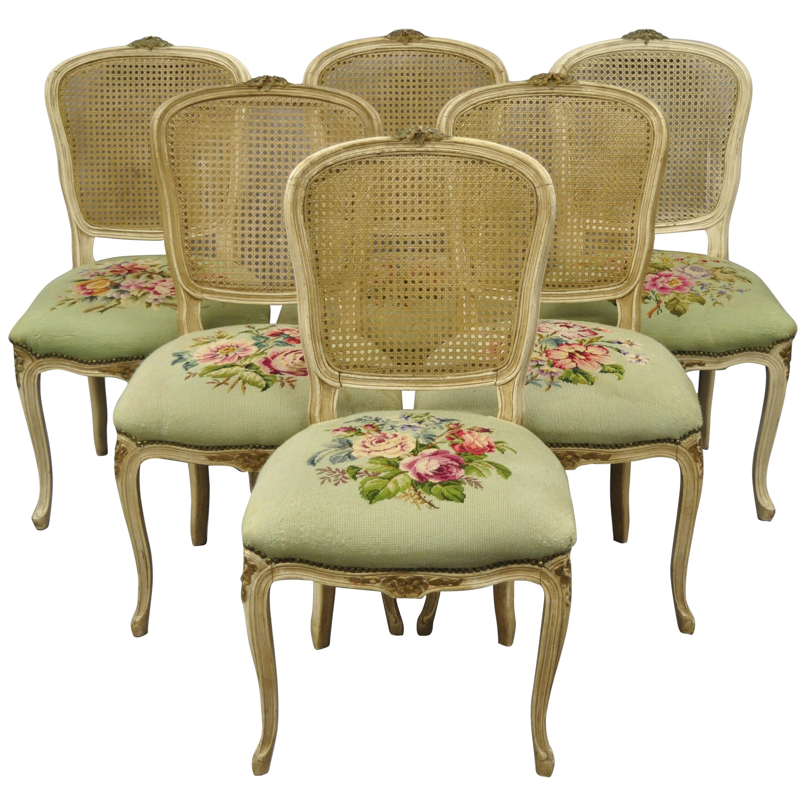 Set of 6 Antique French Louis XV Style Victorian Cane Back Dining Side Chairs