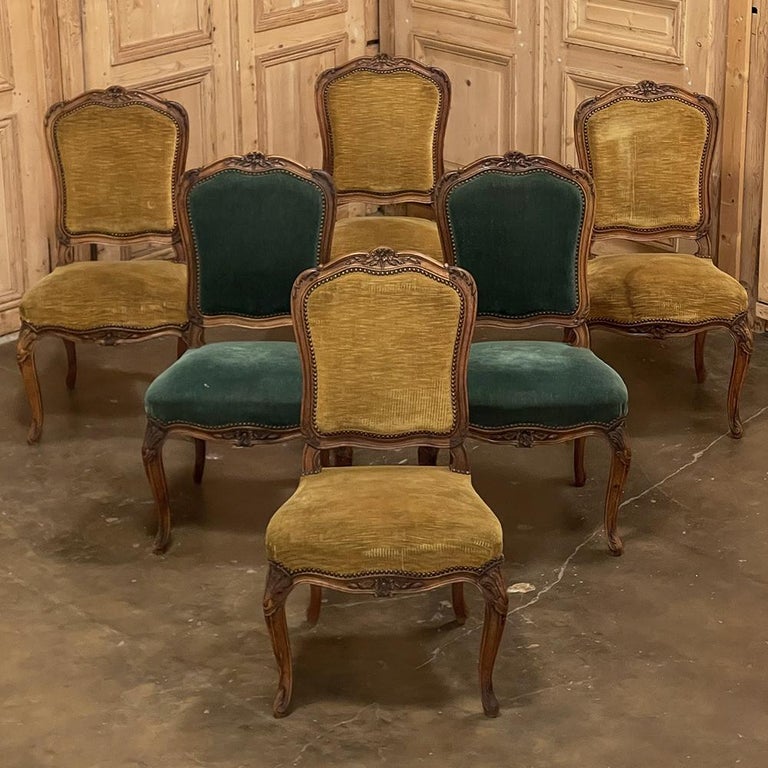 Set of 6 Antique French Louis XV Walnut Dining Chairs represent the essence of the Rococo style, executed in a transitional manner with a more symmetrical design scheme but using the traditional ornamentation that so enamored the king. The