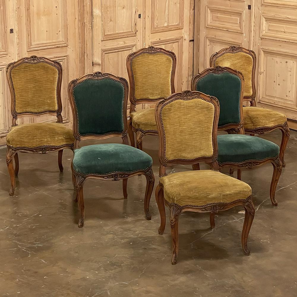 Hand-Carved Set of 6 Antique French Louis XV Walnut Dining Chairs