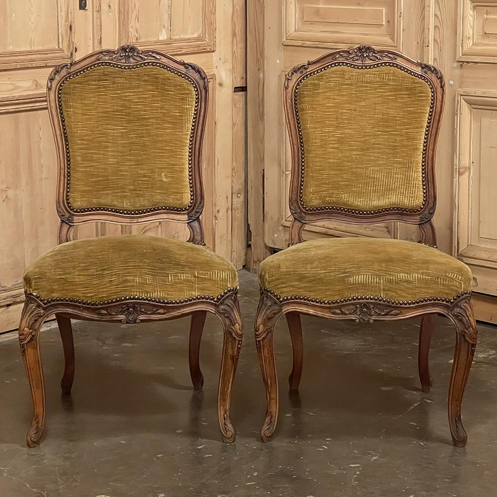 Mohair Set of 6 Antique French Louis XV Walnut Dining Chairs