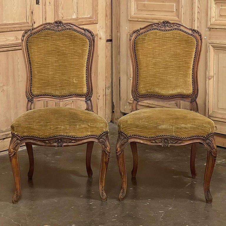 Mohair Set of 6 Antique French Louis XV Walnut Dining Chairs For Sale