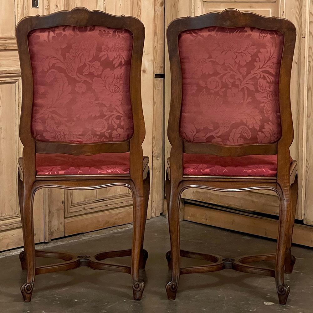 Set of 6 Antique French Louis XV Walnut Dining Chairs with Silk Damask For Sale 7