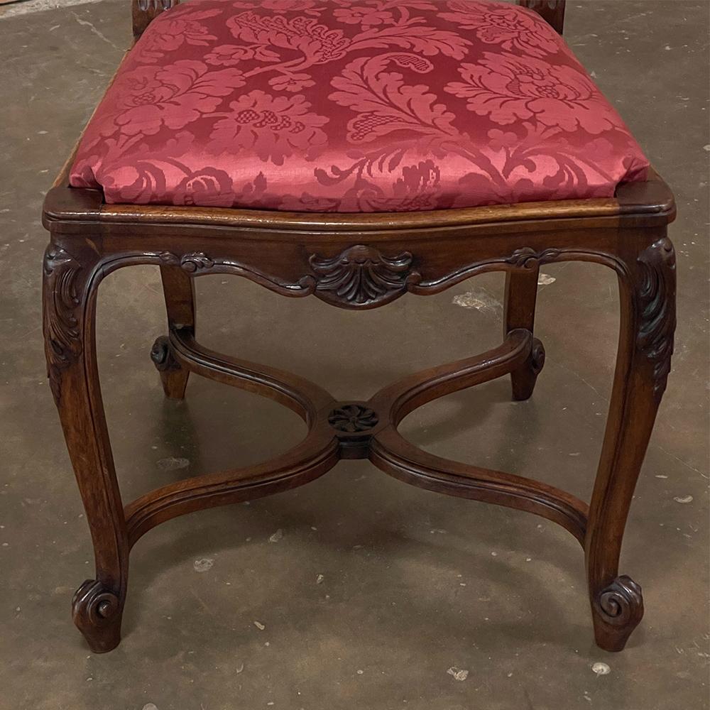 Set of 6 Antique French Louis XV Walnut Dining Chairs with Silk Damask For Sale 11