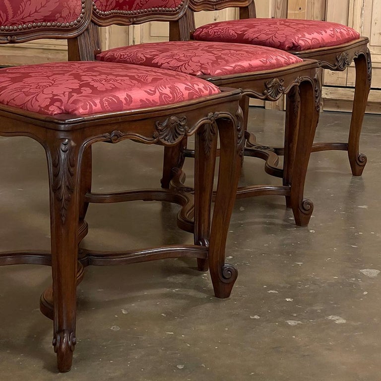 Set of 6 French Louis XV Antique Carved Walnut Dining Chairs