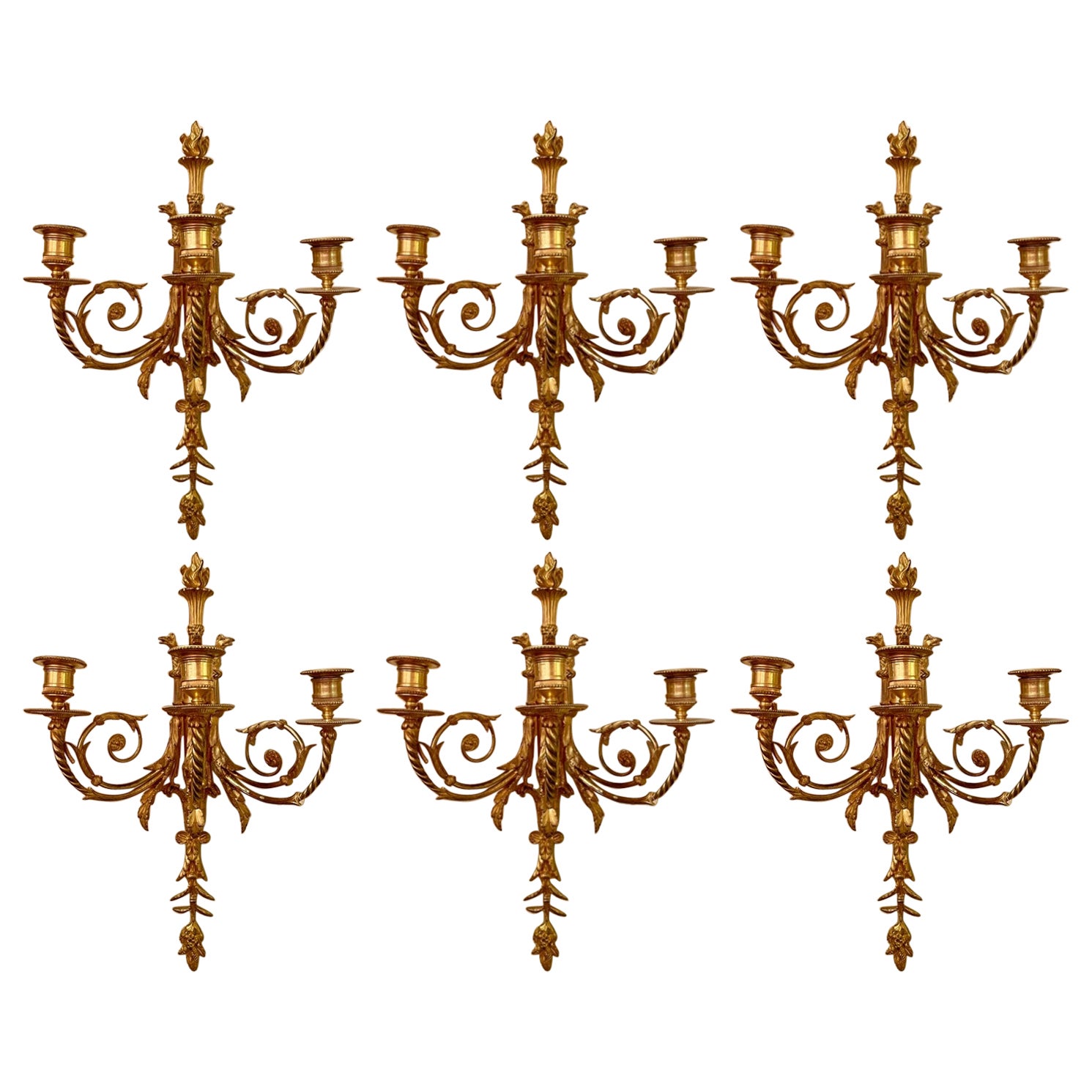 Set of 6 Antique French Louis XVI Bronze D'Oré 3 Light Wall Sconces, Circa 1890.