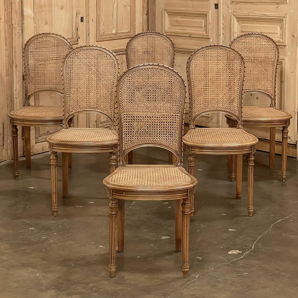Set of 6 Antique French Louis XVI Caned Dining Chairs combine a light & airy design with classical architecture that dates back to the times of ancient Greece and Rome!  Rounded seatbacks and gracefully contoured seats are fitted with cane for