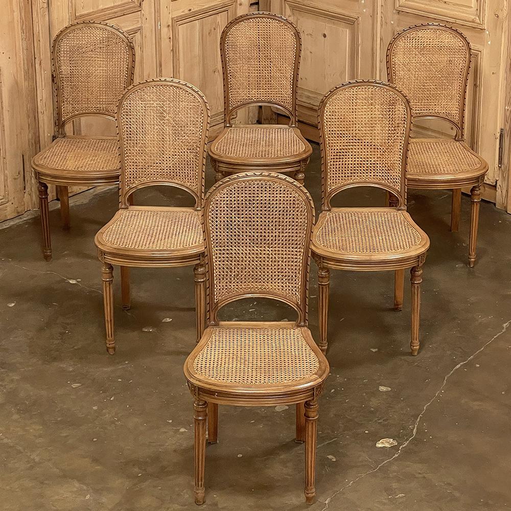 Hand-Carved Set of 6 Antique French Louis XVI Caned Dining Chairs