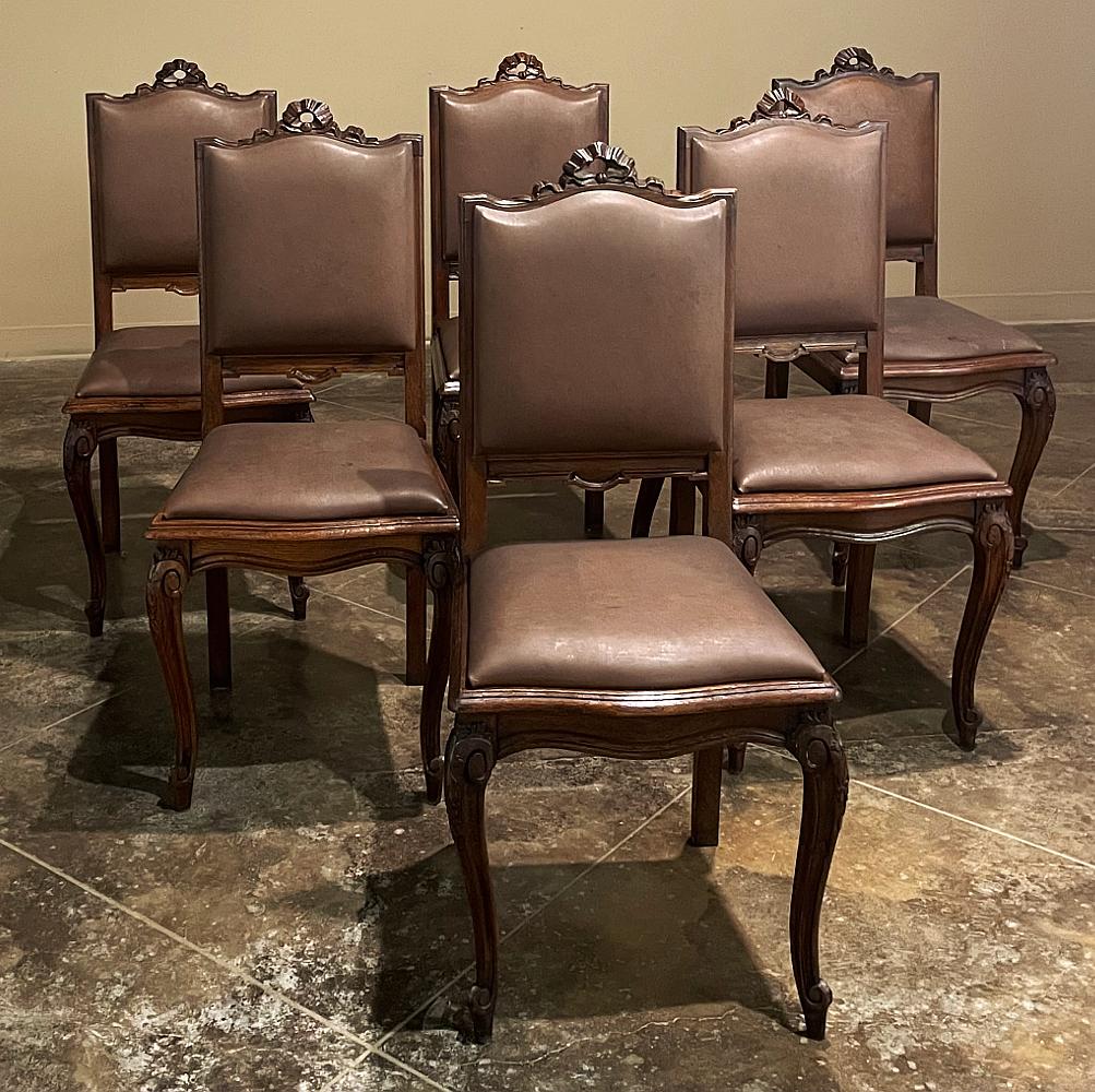 Cet ensemble de 6 chaises de salle à manger anciennes de style Louis XVI présente un style intemporel inspiré du mouvement néoclassique du règne de Louis XVI. En commençant par le bas, nous trouvons des escargots sur les pieds des jambes élégamment