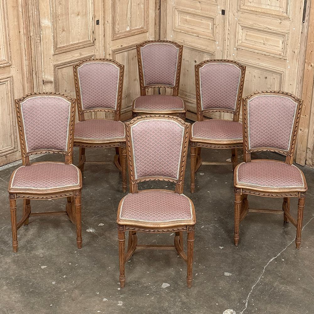 Hand-Carved Set of 6 Antique French Louis XVI Dining Chairs For Sale
