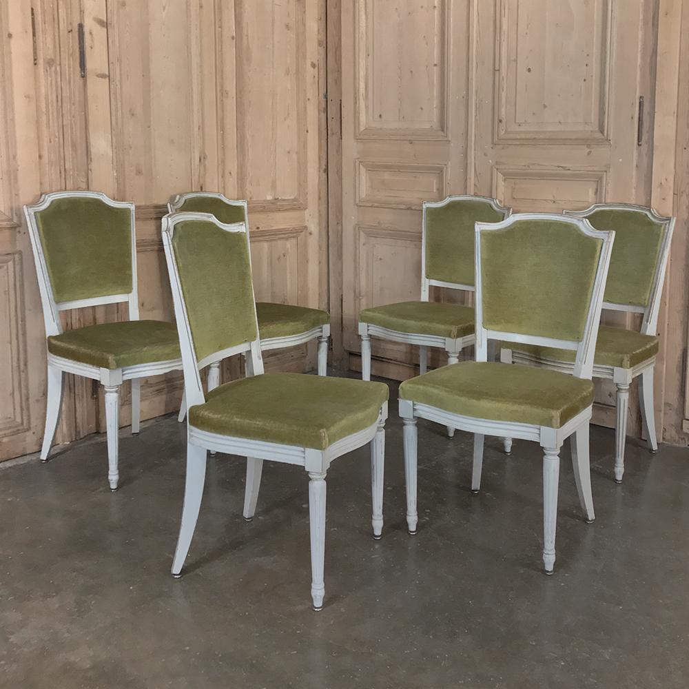 Hand-Carved Set of 6 Antique French Louis XVI Painted Dining Chairs
