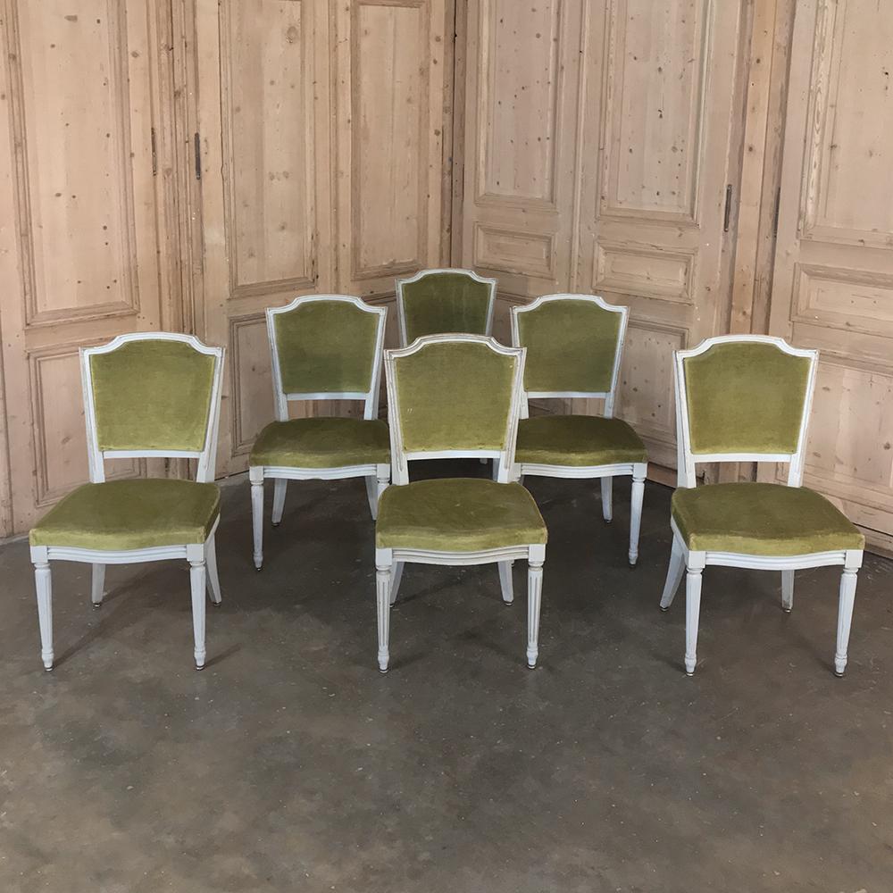 Mohair Set of 6 Antique French Louis XVI Painted Dining Chairs