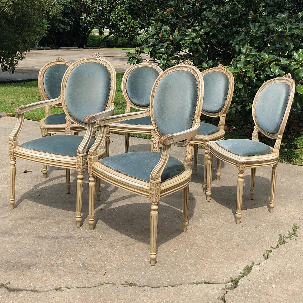 20th Century Set of 6 Antique French Louis XVI Painted Dining Chairs Incl. 2 Armchairs