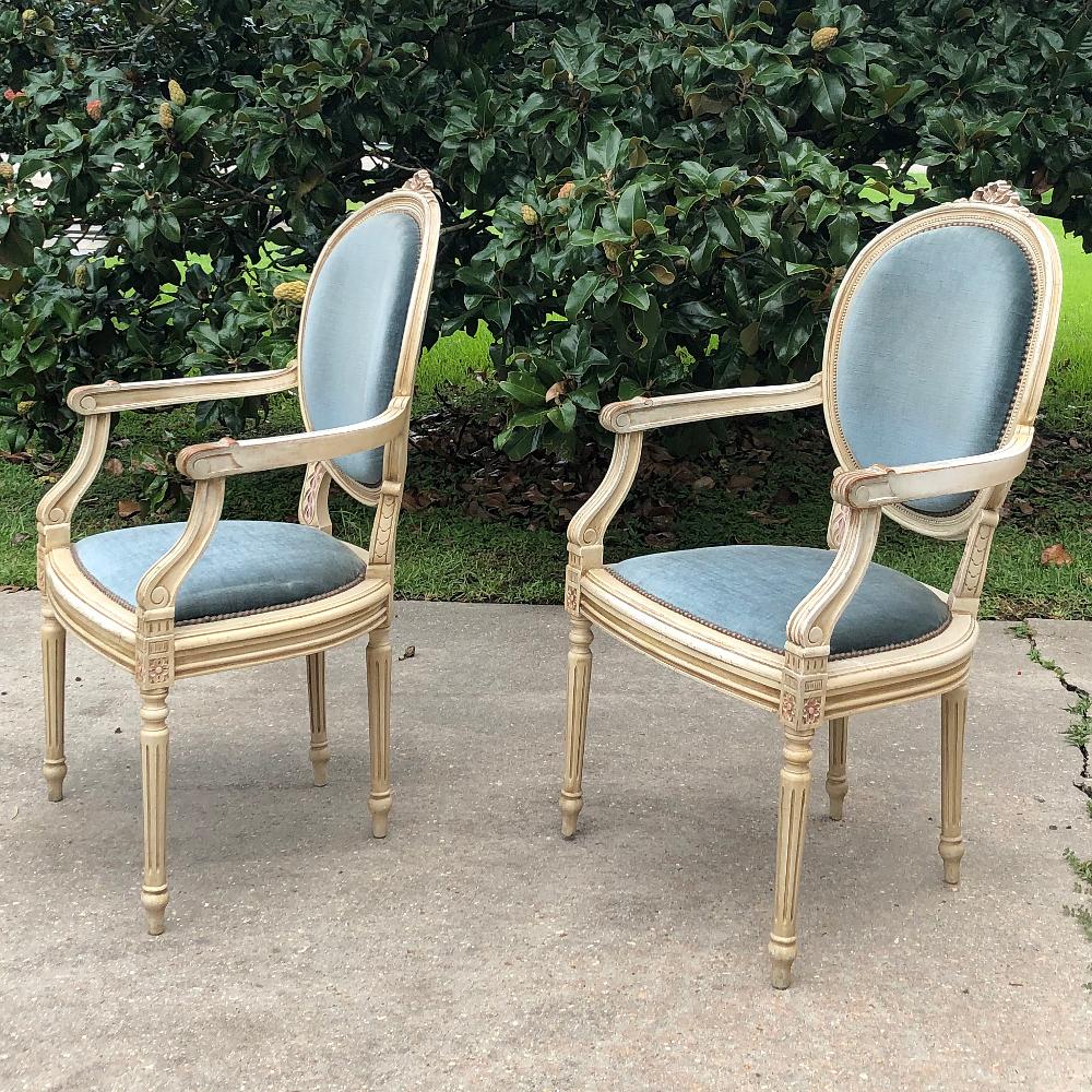Mohair Set of 6 Antique French Louis XVI Painted Dining Chairs Incl. 2 Armchairs