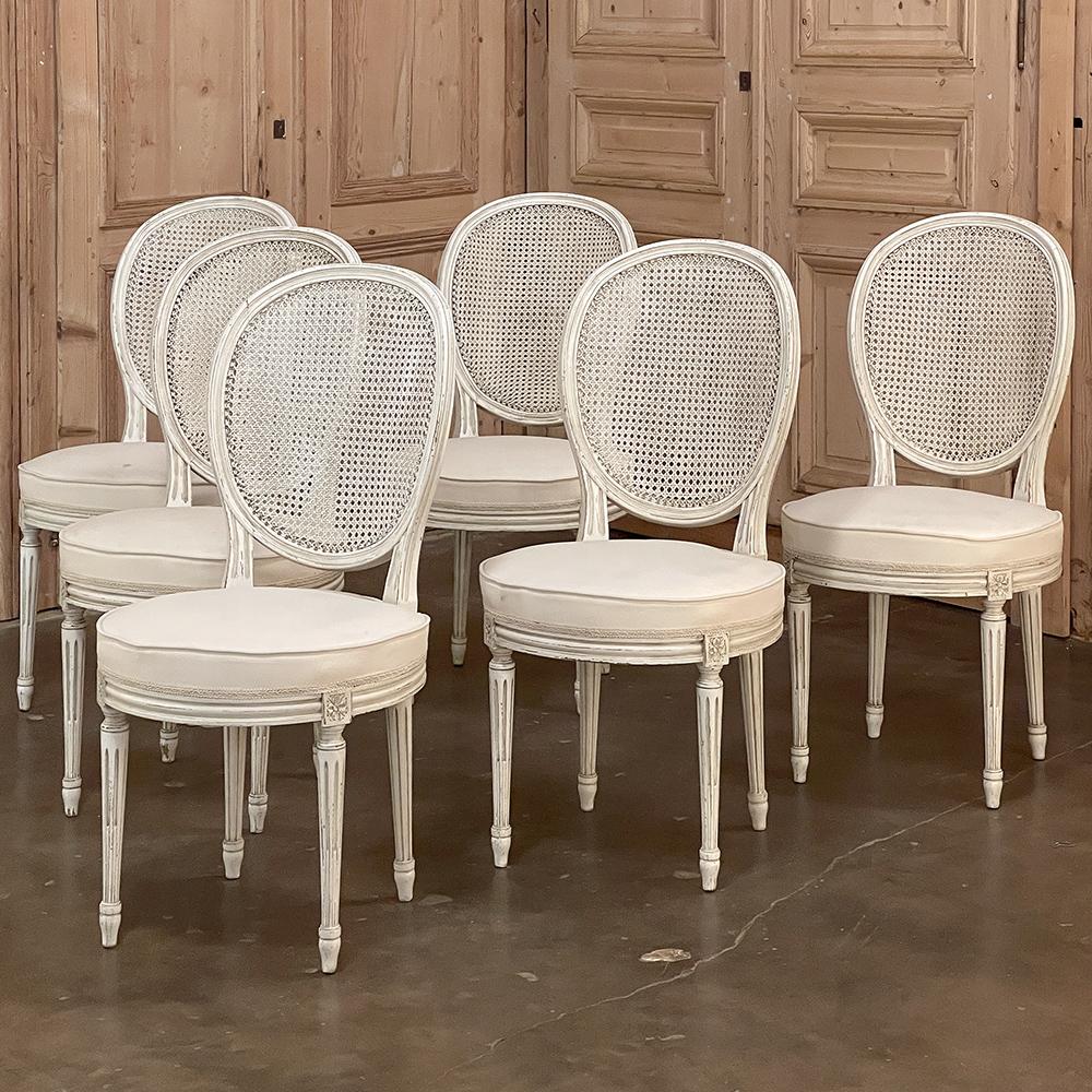 Hand-Painted Set of 6 Antique French Louis XVI Painted Dining Chairs with Cane Backs