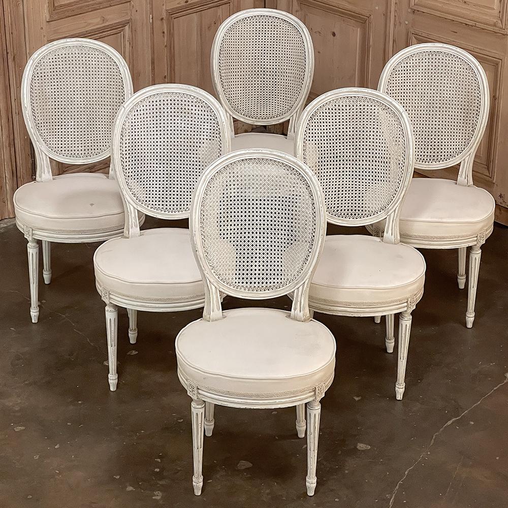 Set of 6 Antique French Louis XVI Painted Dining Chairs with Cane Backs In Good Condition In Dallas, TX