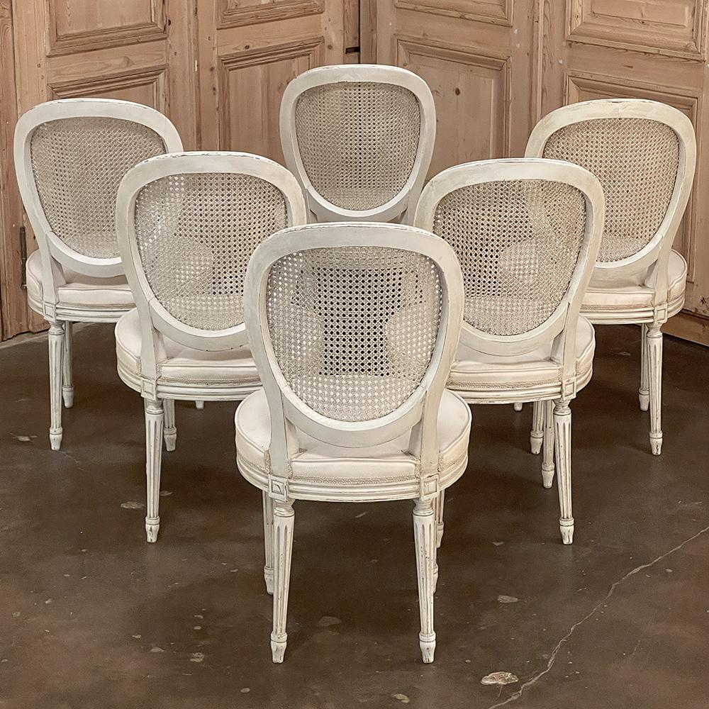 20th Century Set of 6 Antique French Louis XVI Painted Dining Chairs with Cane Backs