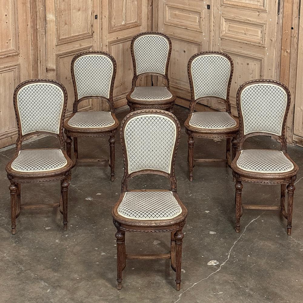 Hand-Crafted Set of 6 Antique French Louis XVI Upholstered Dining Chairs For Sale