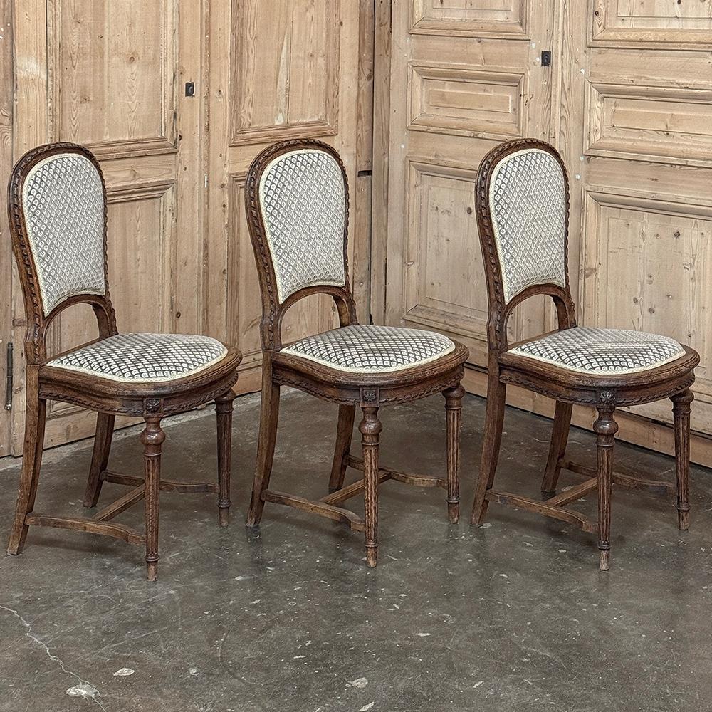 Fabric Set of 6 Antique French Louis XVI Upholstered Dining Chairs For Sale