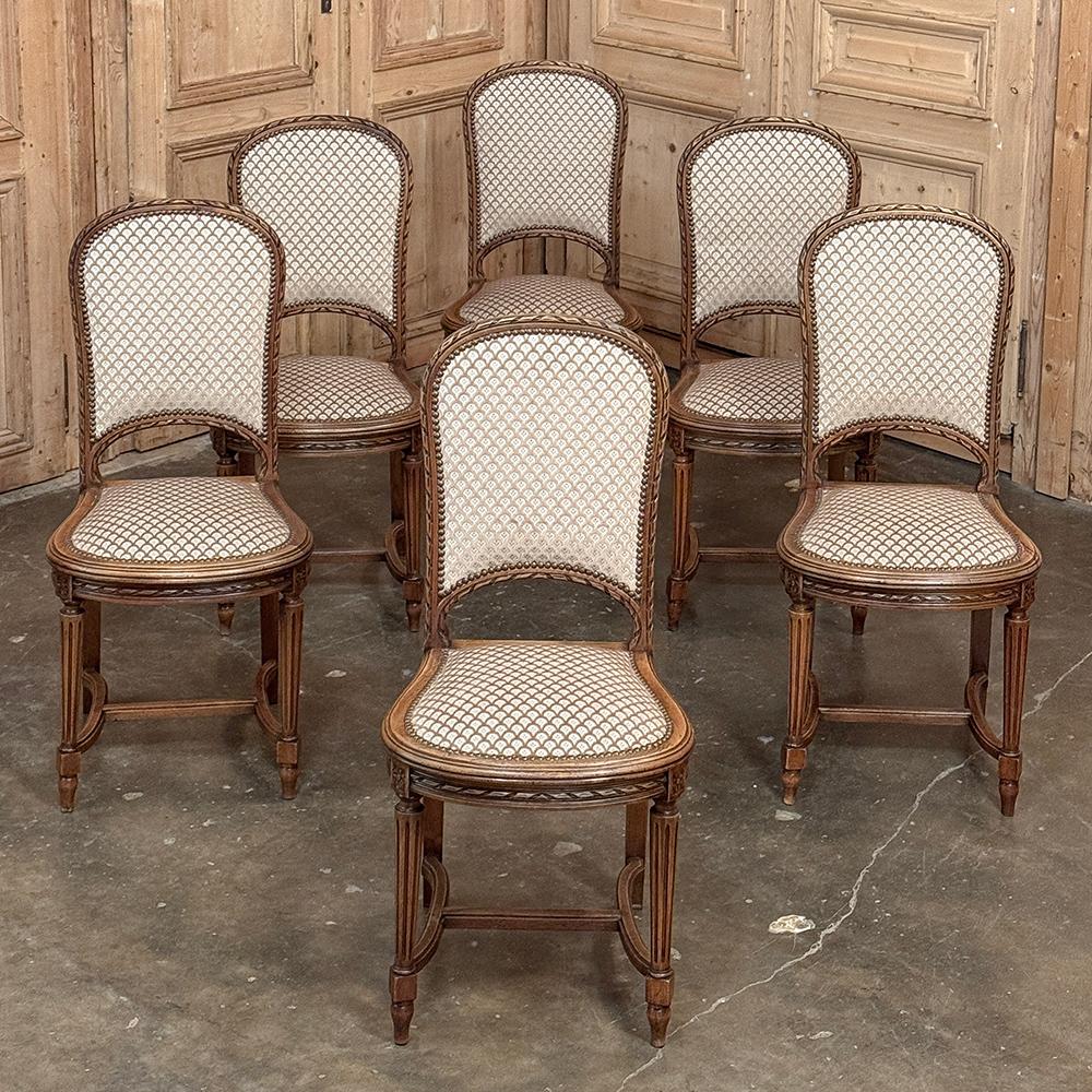 Hand-Crafted Set of 6 Antique French Louis XVI Walnut Upholstered Dining Chairs For Sale