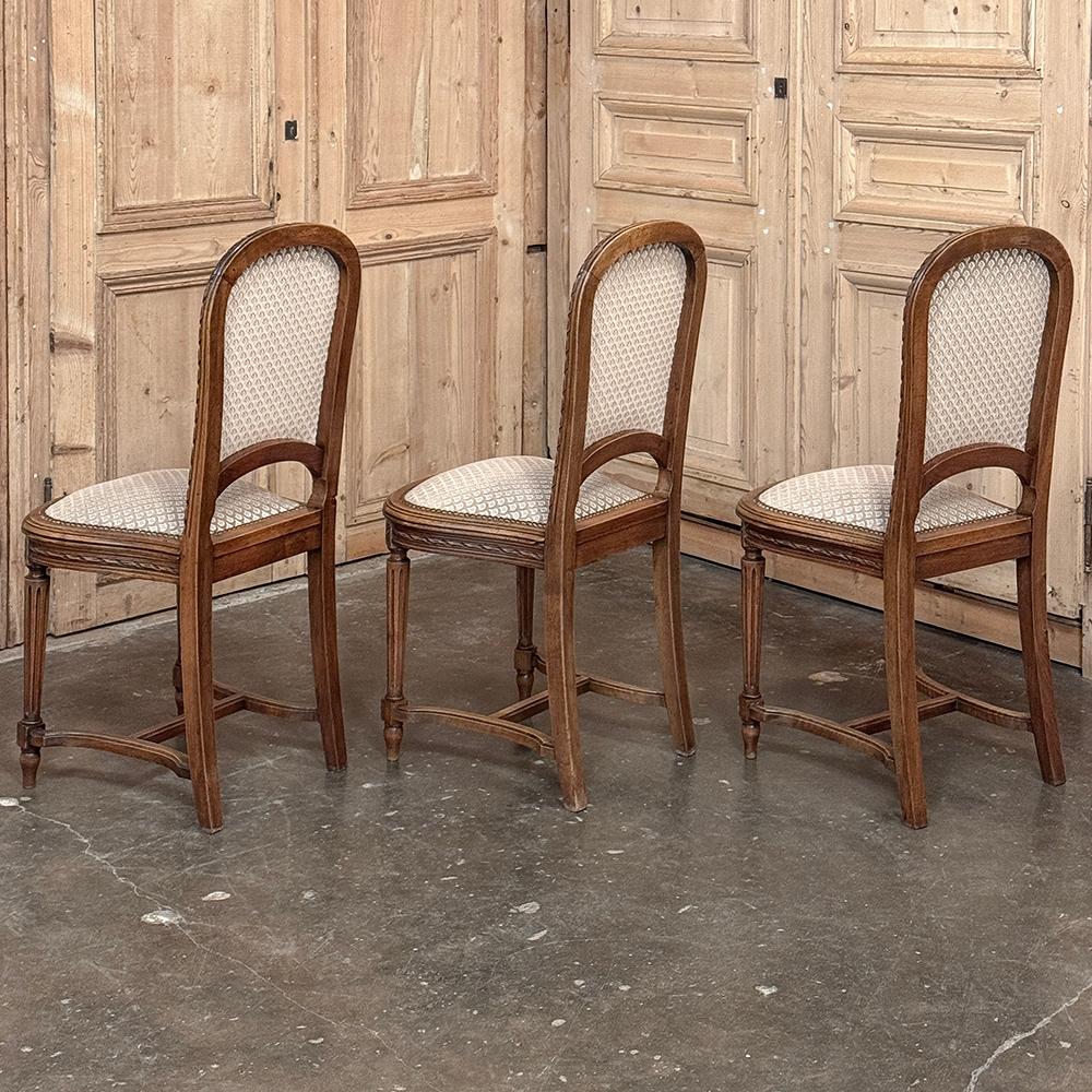 20th Century Set of 6 Antique French Louis XVI Walnut Upholstered Dining Chairs For Sale
