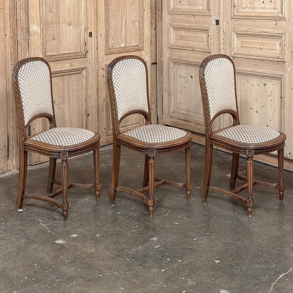 Fabric Set of 6 Antique French Louis XVI Walnut Upholstered Dining Chairs For Sale