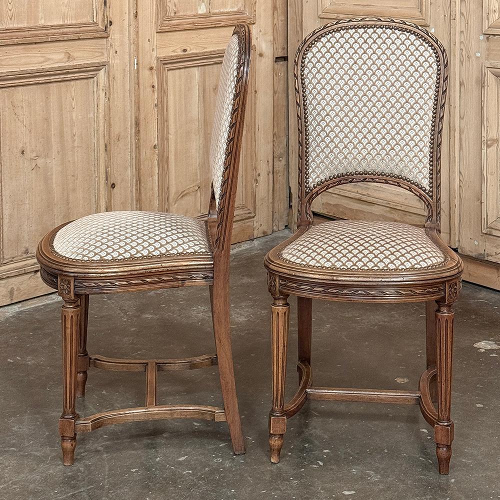 Set of 6 Antique French Louis XVI Walnut Upholstered Dining Chairs For Sale 2