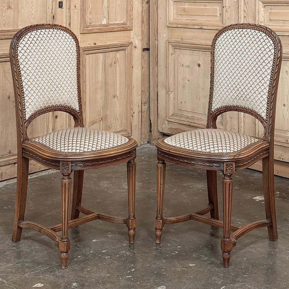 Set of 6 Antique French Louis XVI Walnut Upholstered Dining Chairs For Sale 3