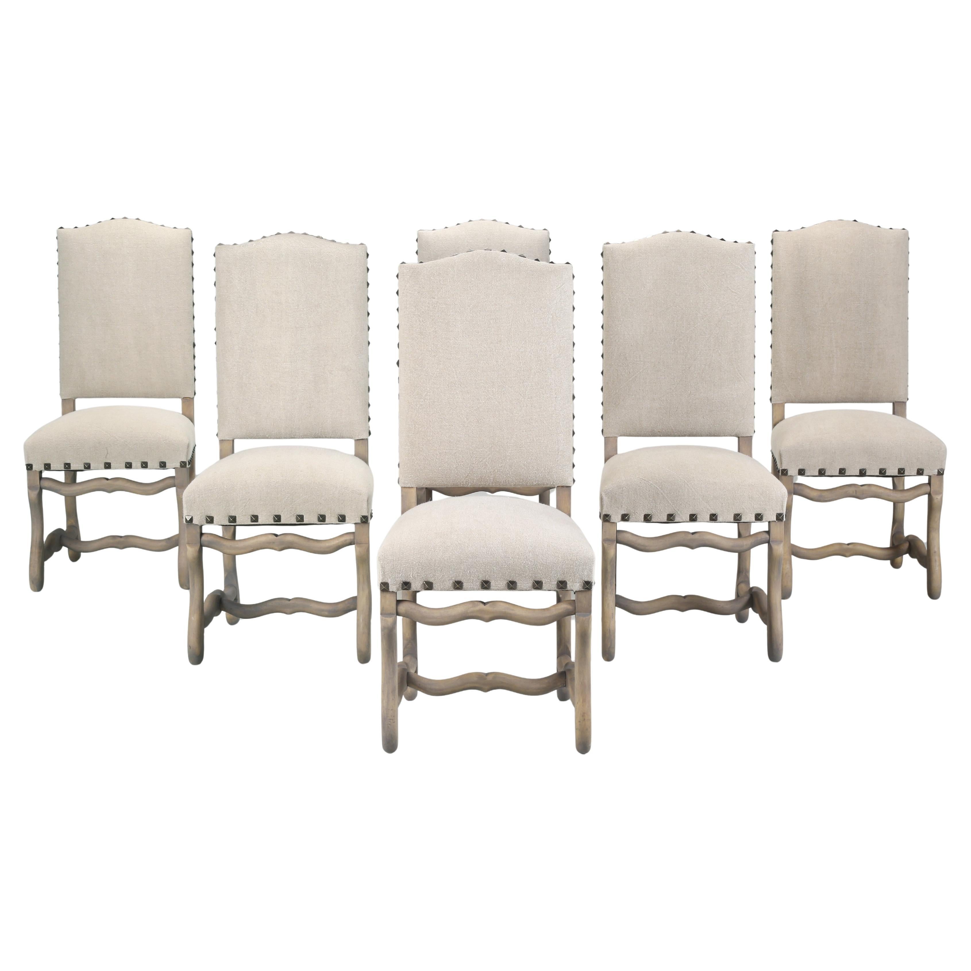 Set of (6) Antique French Os de Mouton Dining Chairs in Hand-Washed Irish Linen.