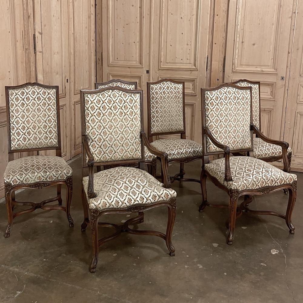 Louis XV Set of 6 Antique French Regence Dining Chairs Includes 2 Armchairs For Sale