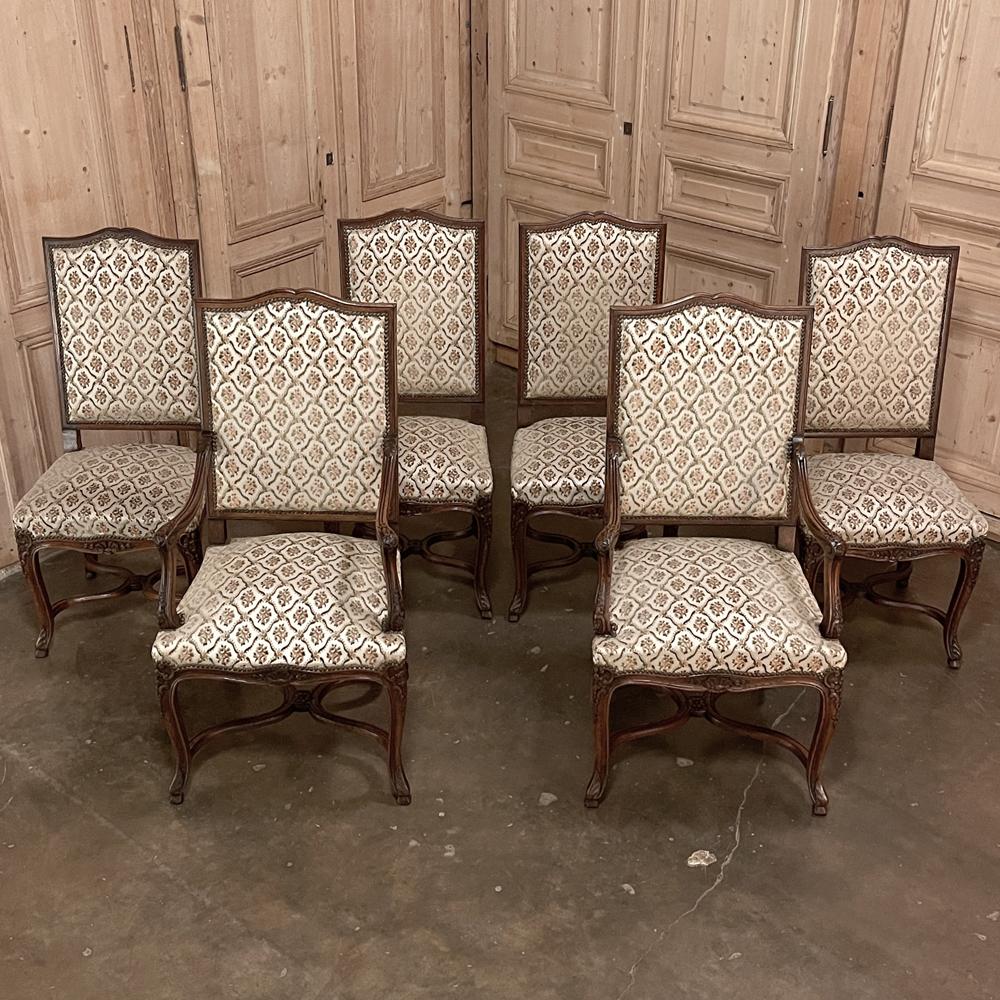 Hand-Carved Set of 6 Antique French Regence Dining Chairs Includes 2 Armchairs For Sale