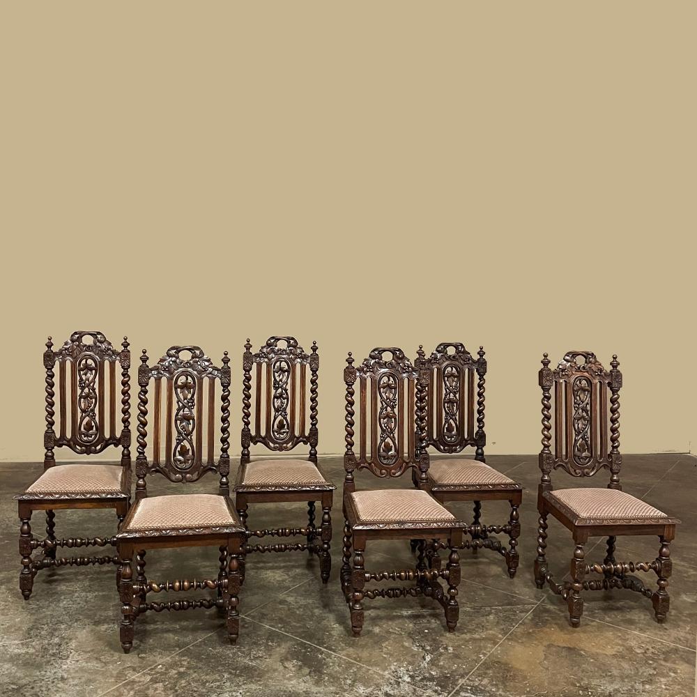 Set of 6 Antique French Renaissance Barley Twist Dining Chairs are the perfect answer for providing a charming Old World look for your dining enjoyment!  Each features an amazingly crafted framework, which includes a backsplat carved with grape