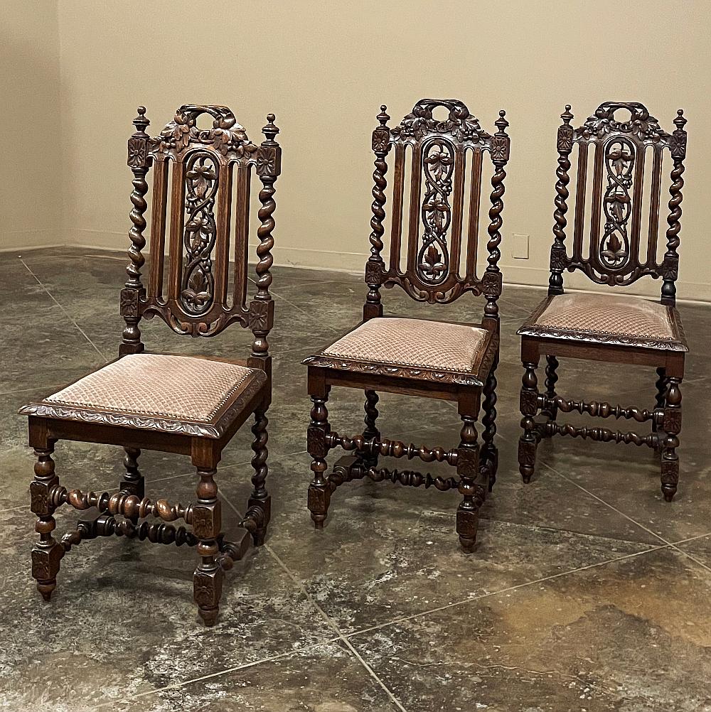 Renaissance Revival Set of 6 Antique French Renaissance Barley Twist Dining Chairs For Sale
