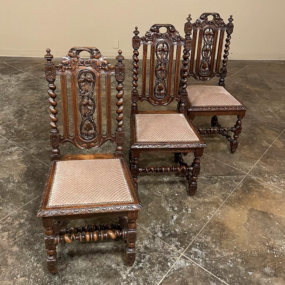 Hand-Carved Set of 6 Antique French Renaissance Barley Twist Dining Chairs For Sale