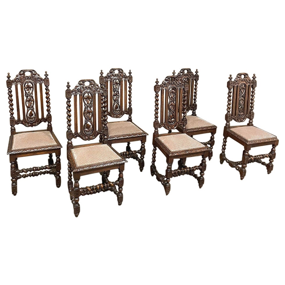 Ensemble de 6 chaises de salle à manger de style Renaissance française antique à torsion d'orge