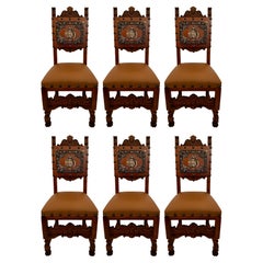 Set di 6 sedie da pranzo rinascimentali francesi in noce e pelle, circa 1900.